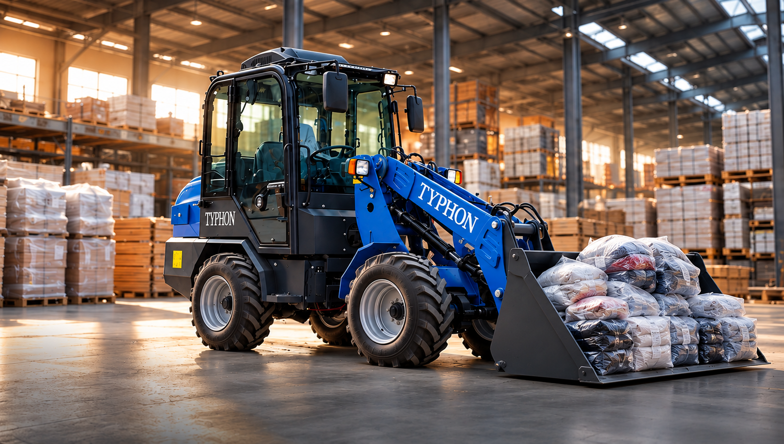 Compact green loader moving soil in a landscaped garden