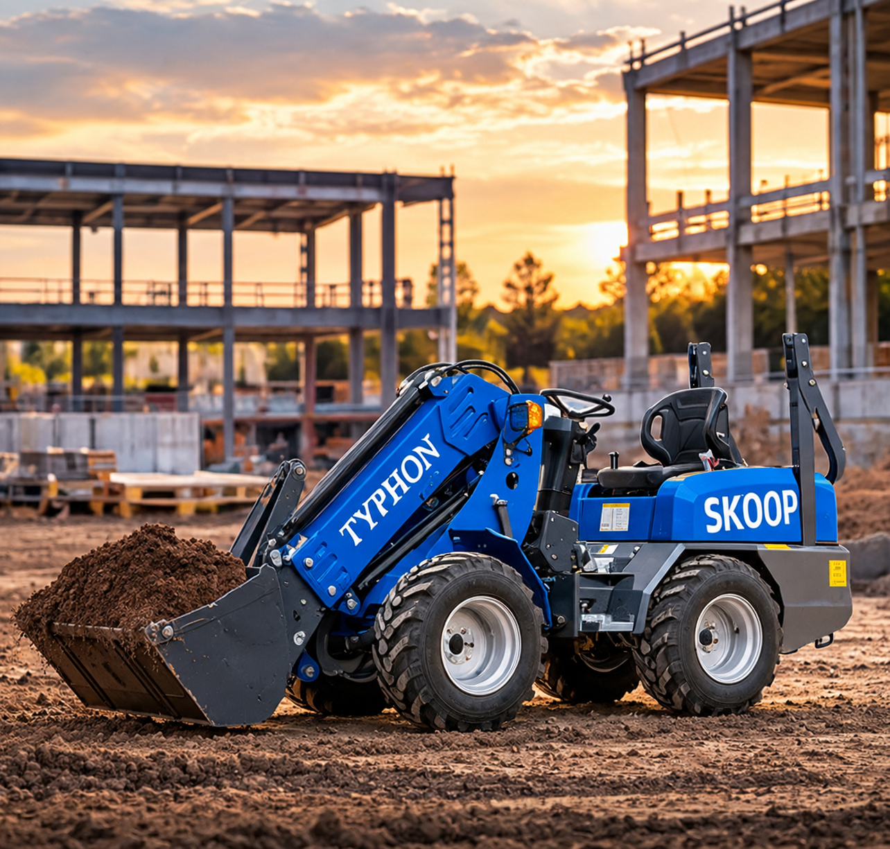 Blue Typhon loader raising a bucket of soil at an excavation site