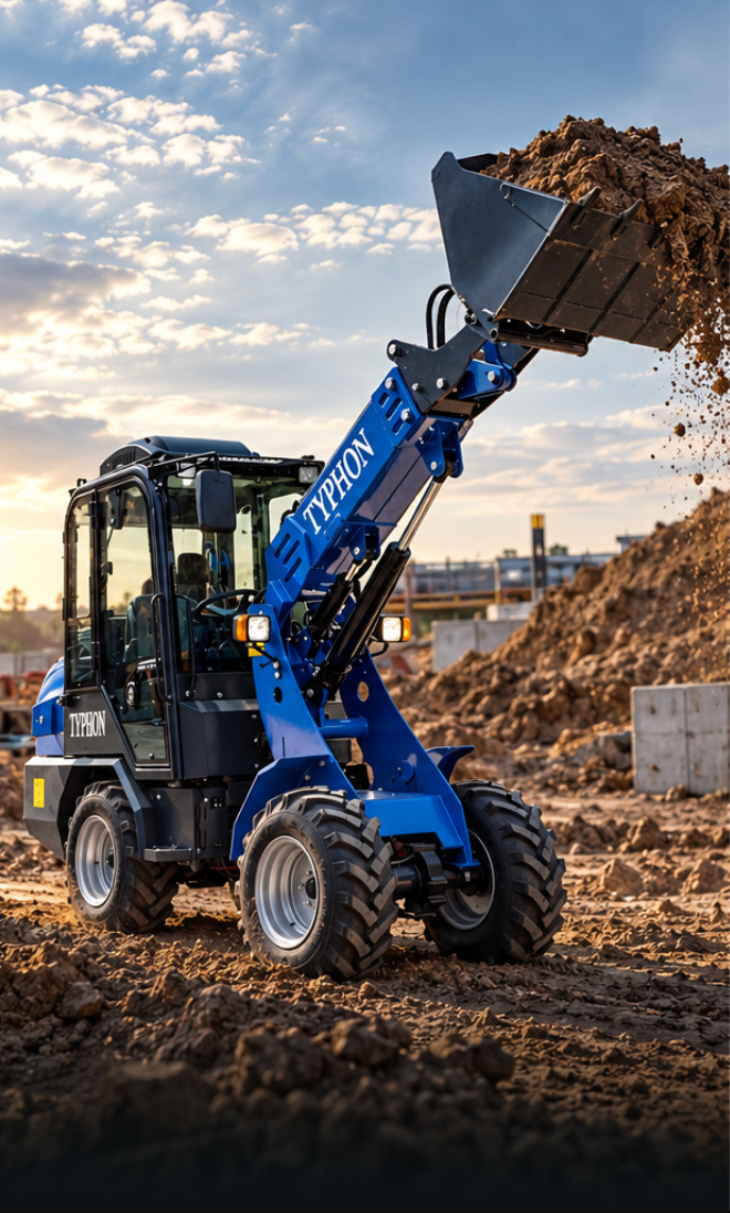 Blue Typhon wheel loader moving bagged goods inside a warehouse